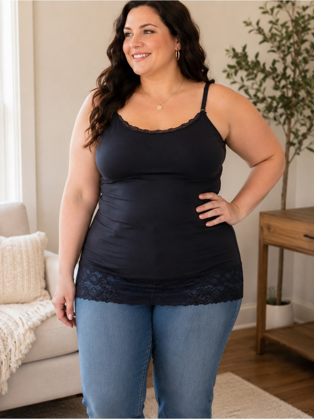 Flexees Black Shapewear Cami Lace Hem Control Tank 2X Adjustable Straps